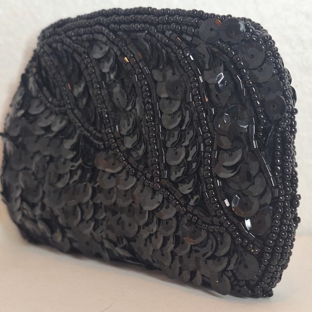 Sparkling Black Heavily Beaded Sequin Coin Purse Vintage